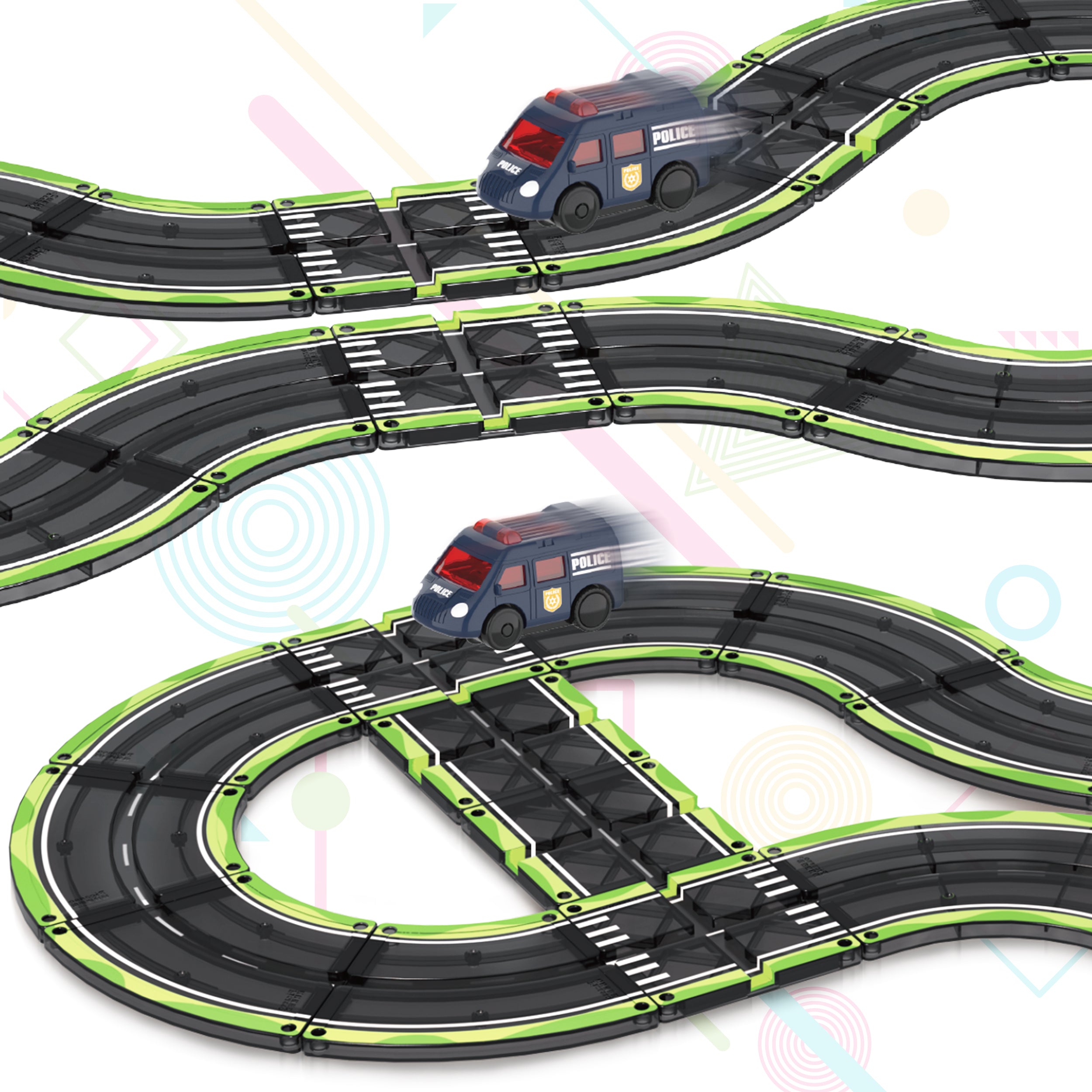 Toy police cars driving along different tracks built with magnetic tile pieces.