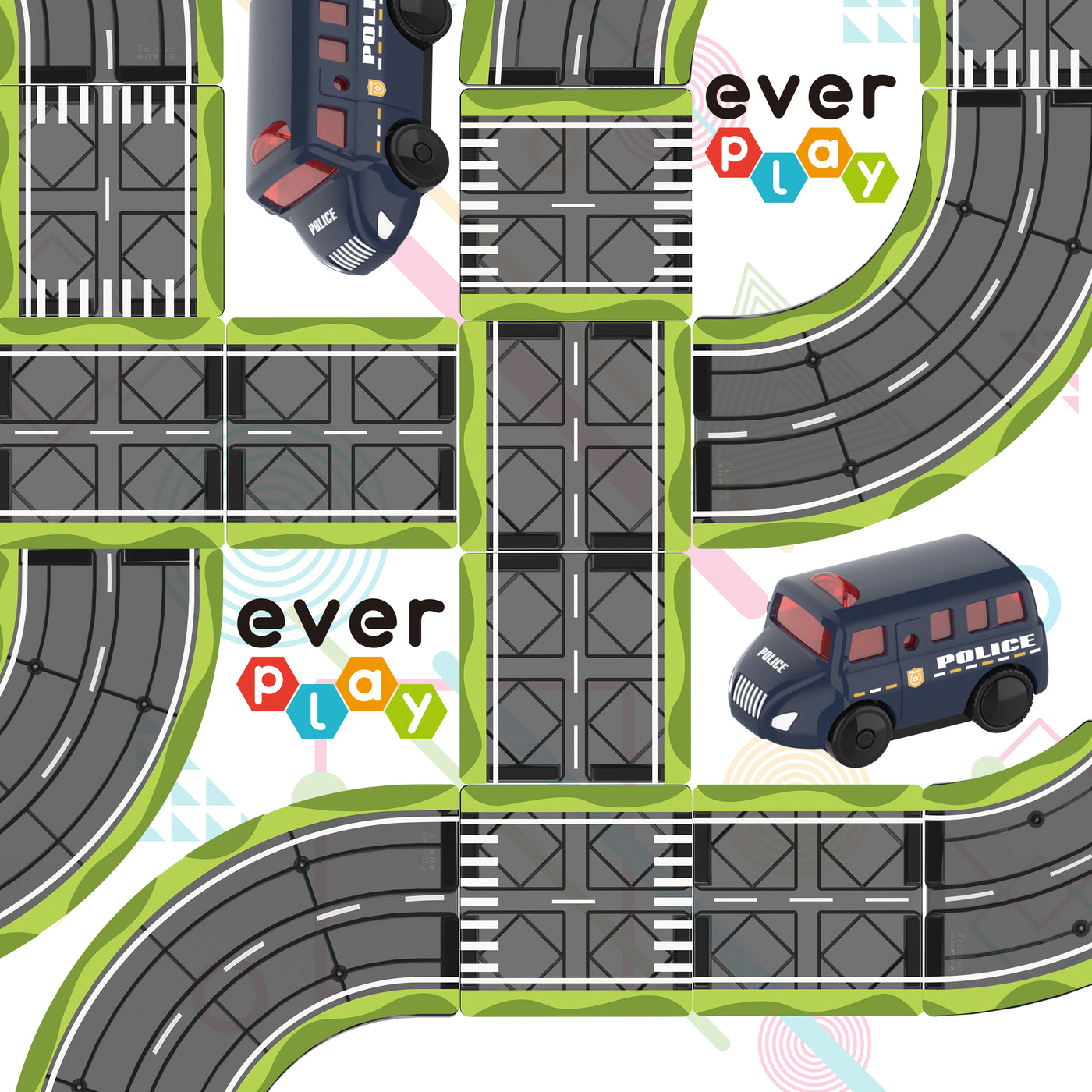 Top-down view of Everplay magnetic track tiles with road patterns and a blue toy police car.