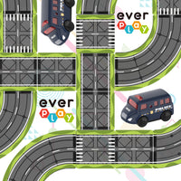 Top-down view of Everplay magnetic track tiles with road patterns and a blue toy police car.