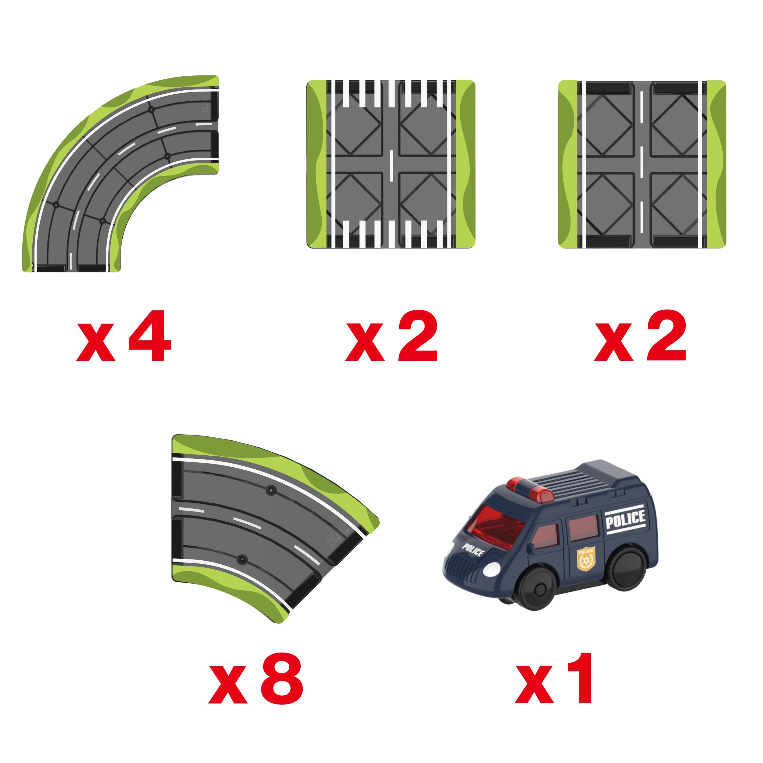 An assortment of magnetic race track pieces with quantities indicated, along with a toy police car.
