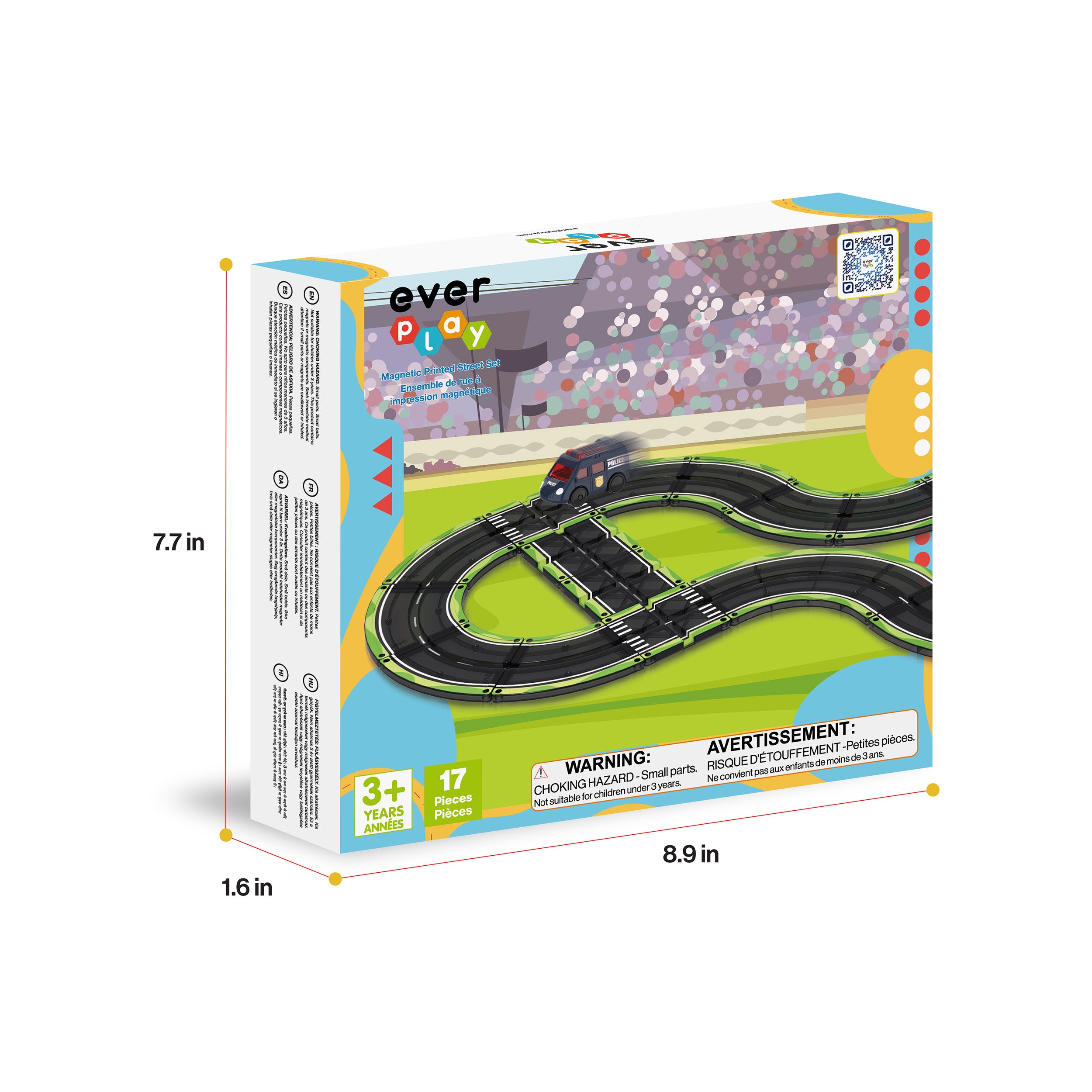 Product box for Everplay magnetic track set with dimensions labeled as 7.7 inches high, 8.9 inches wide, and 1.6 inches deep.