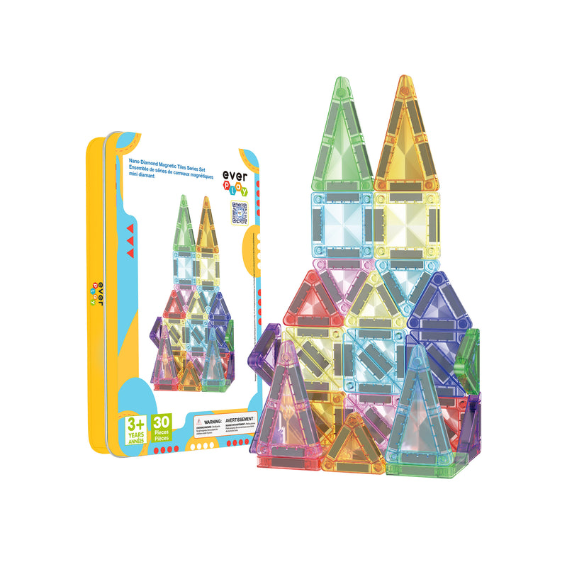 A colorful castle structure built from translucent EverPlay magnetic tiles standing next to its yellow storage tin.