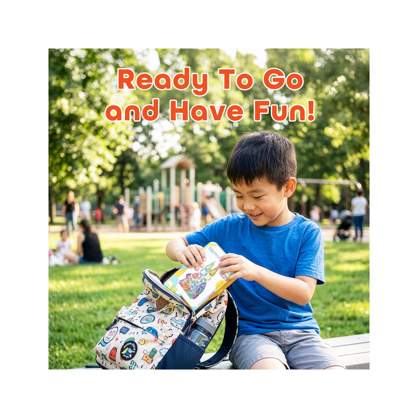 A boy packs a EverPlay box into a backpack at a park. Text overlay: "Ready To Go and Have Fun!"
