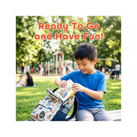 A boy packs a EverPlay box into a backpack at a park. Text overlay: "Ready To Go and Have Fun!"