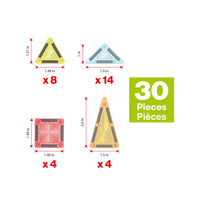 Product diagram showing a breakdown of a 30-piece EverPlay building toy set with shape quantities and sizes.