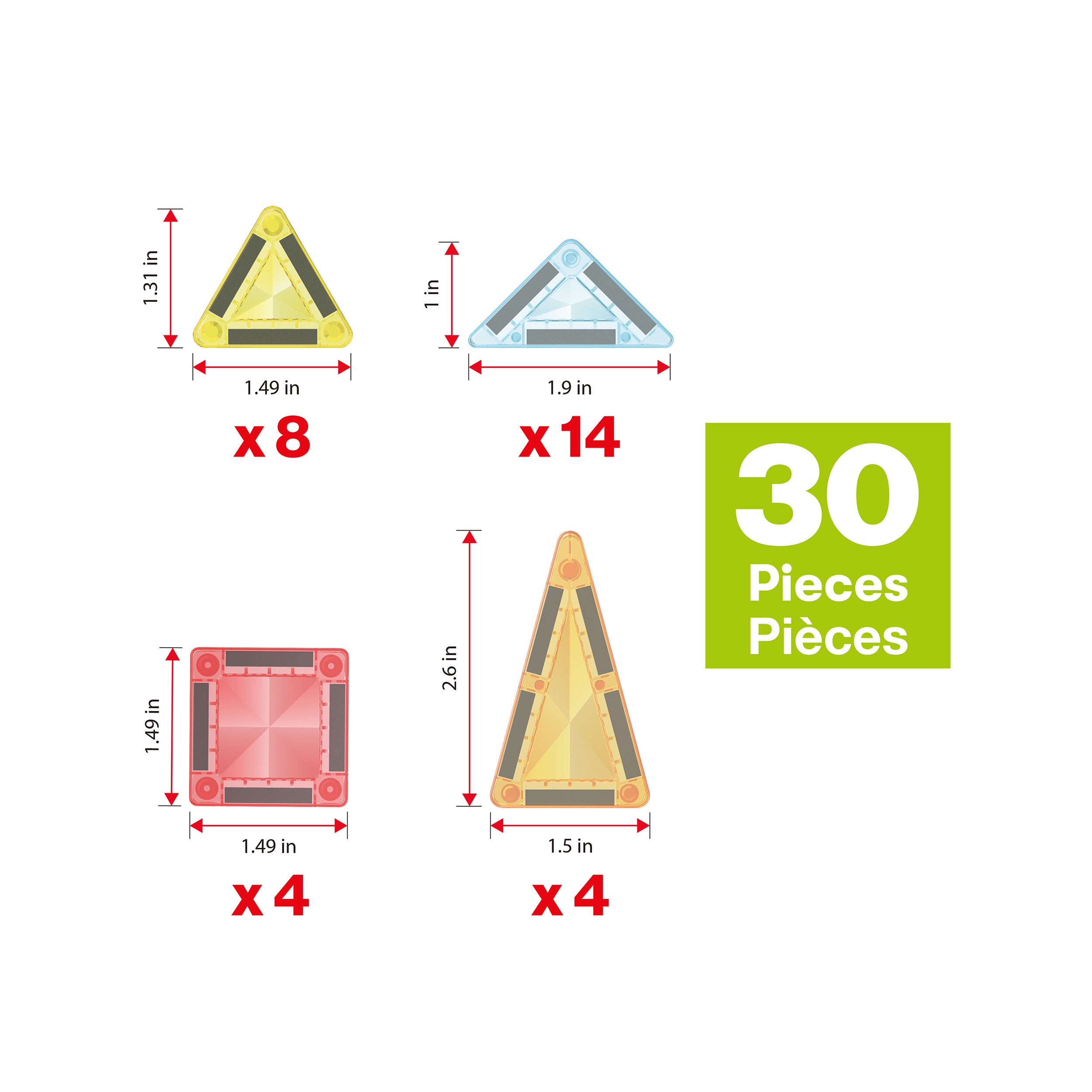 Product diagram showing a breakdown of a 30-piece EverPlay building toy set with shape quantities and sizes.