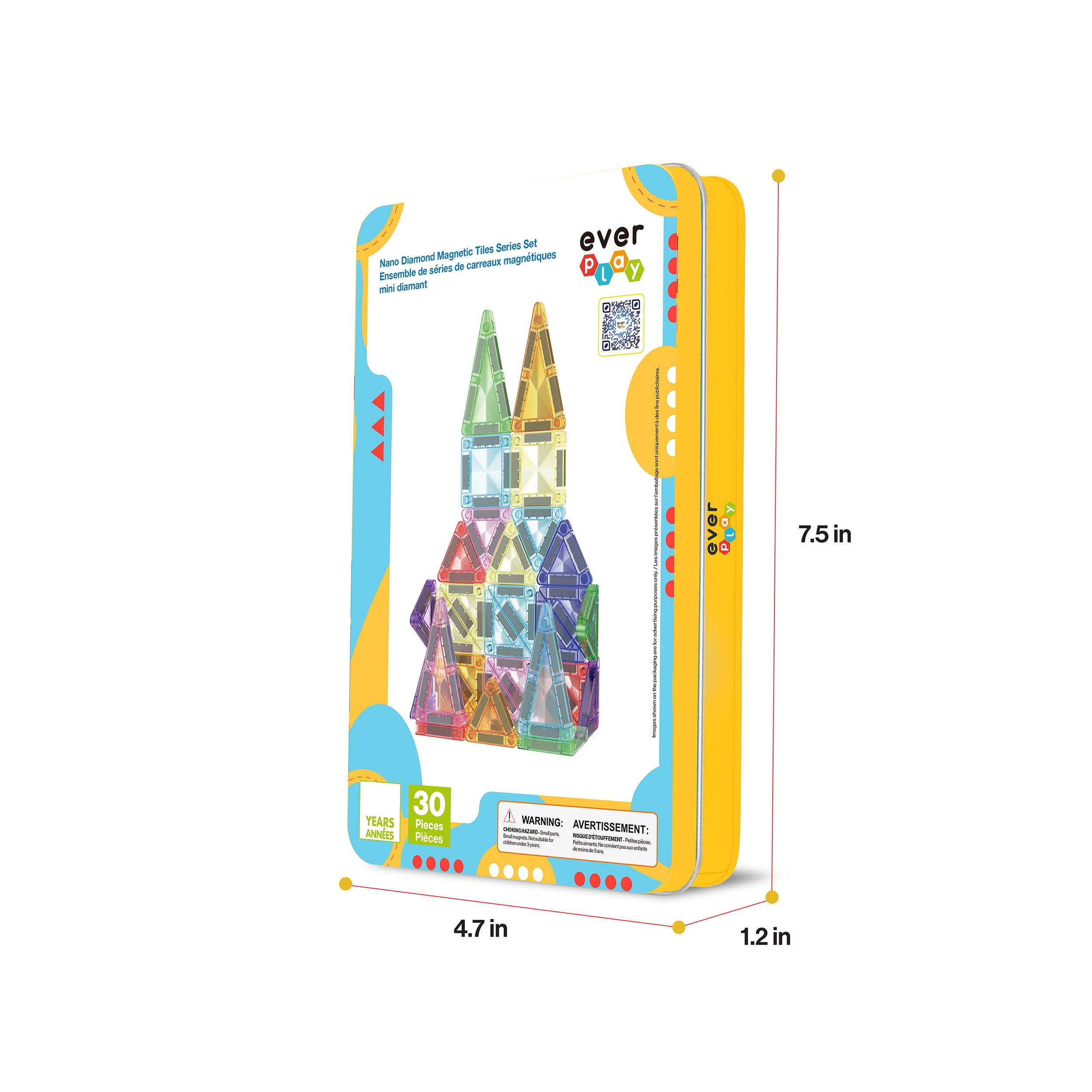 A yellow, rectangular EverPlay travel storage case with dimensions listed as 7.5 by 4.7 by 1.2 inches.