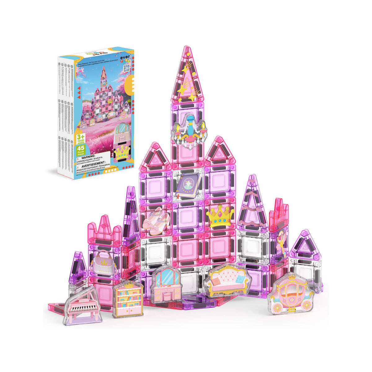 PicassoTiles pink translucent princess palace magnetic tiles set with accessories and packaging box.