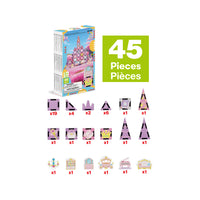 PicassoTiles 45-piece pink princess palace playset piece breakdown diagram with packaging box.