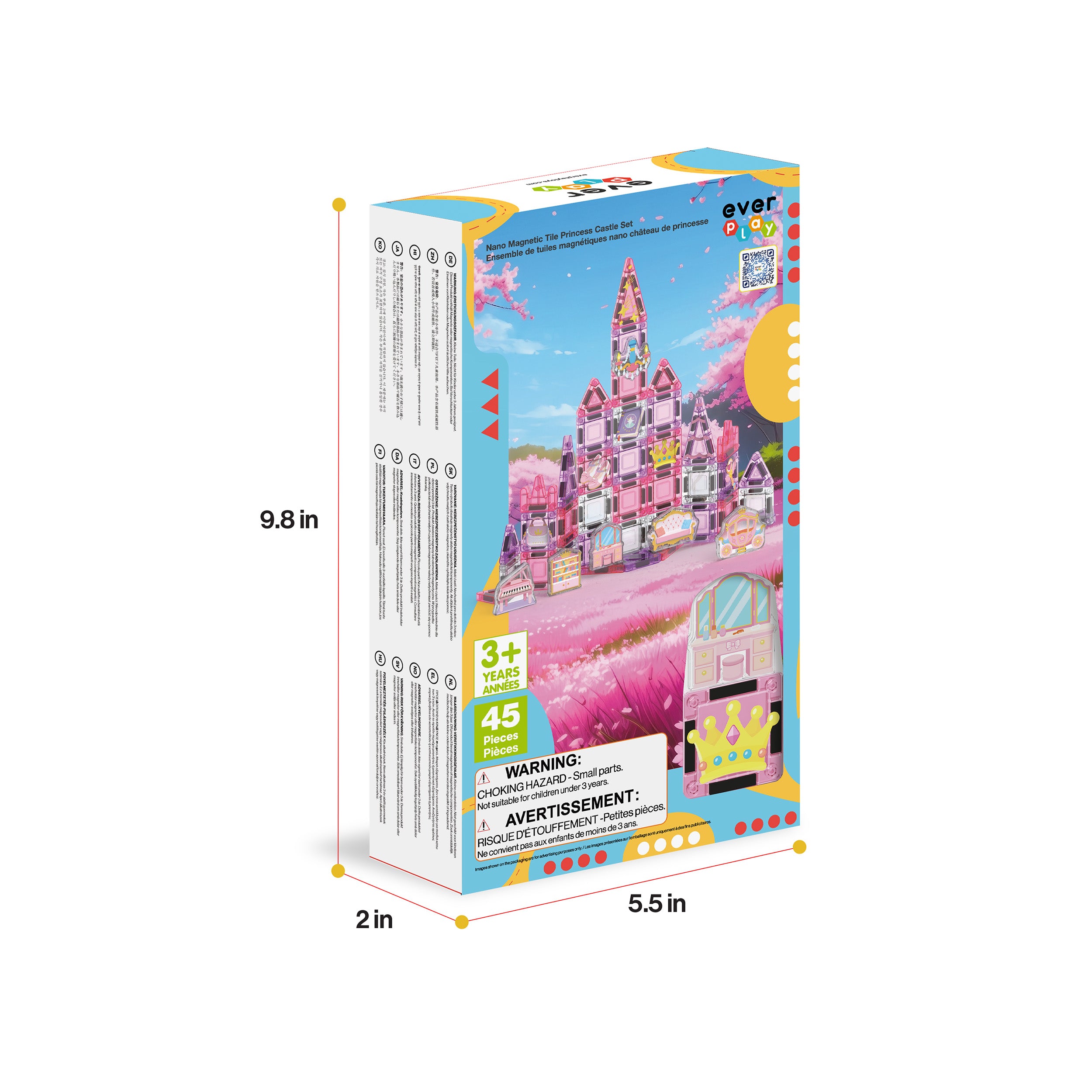 PicassoTiles Everplay 45-piece pink princess palace box with dimensions (9.8 in x 5.5 in x 2 in).