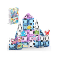PicassoTiles ocean undersea magnetic tiles castle set featuring sea animal illustrations and packaging box.