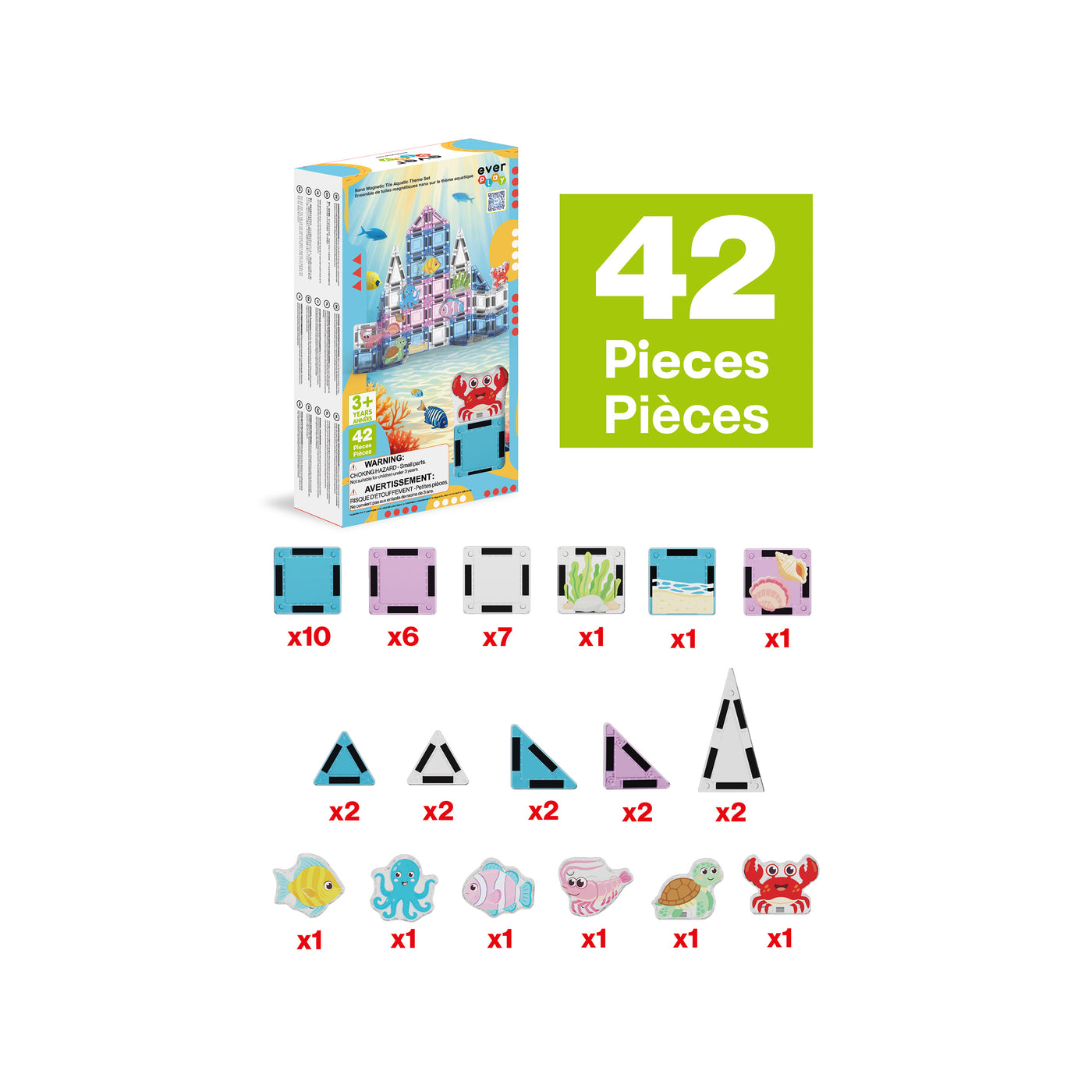 PicassoTiles 42-piece ocean undersea magnetic tiles set piece breakdown diagram with packaging box.