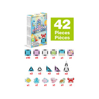 PicassoTiles 42-piece ocean undersea magnetic tiles set piece breakdown diagram with packaging box.