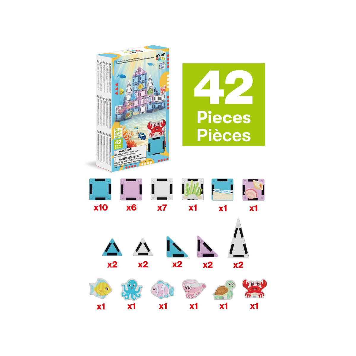 PicassoTiles 42-piece ocean undersea magnetic tiles set piece breakdown diagram with packaging box.
