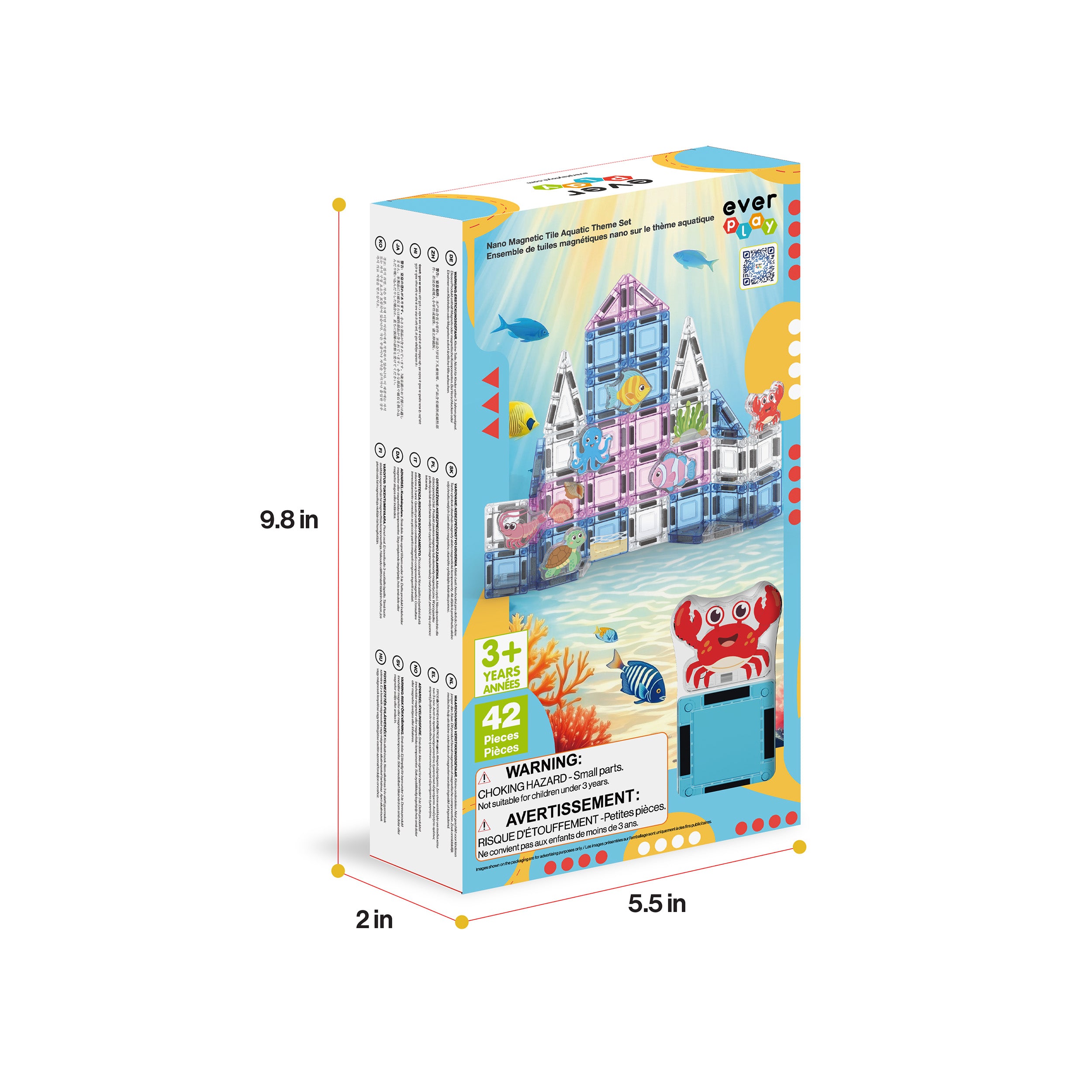PicassoTiles Everplay 42-piece ocean undersea magnetic tiles box with dimensions (9.8 in x 5.5 in x 2 in).