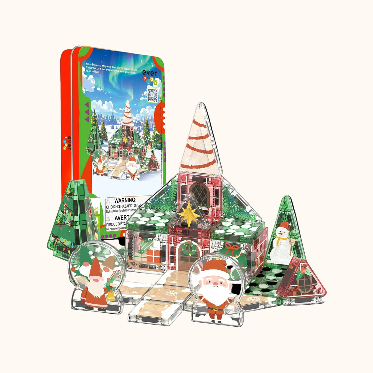 Everplay magnetic Christmas village set with built winter house, Santa figures, and travel tin case.   