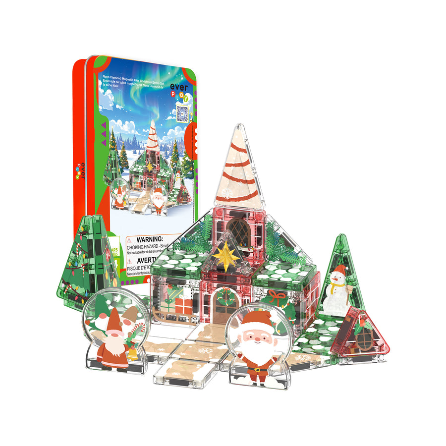 Everplay magnetic Christmas village set with built winter house, Santa figures, and travel tin case.   