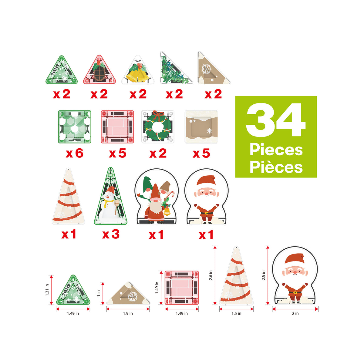 Everplay 34-piece Christmas set piece breakdown diagram with magnetic tiles, holiday figures, and dimensions.   