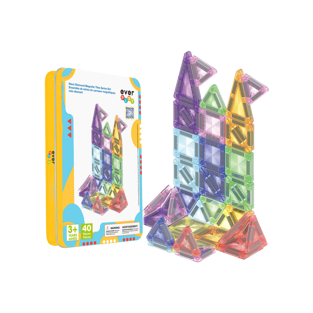 EverPlay 50-piece magnetic tile set with packaging beside colorful magnetic tiles arranged in a castle design.