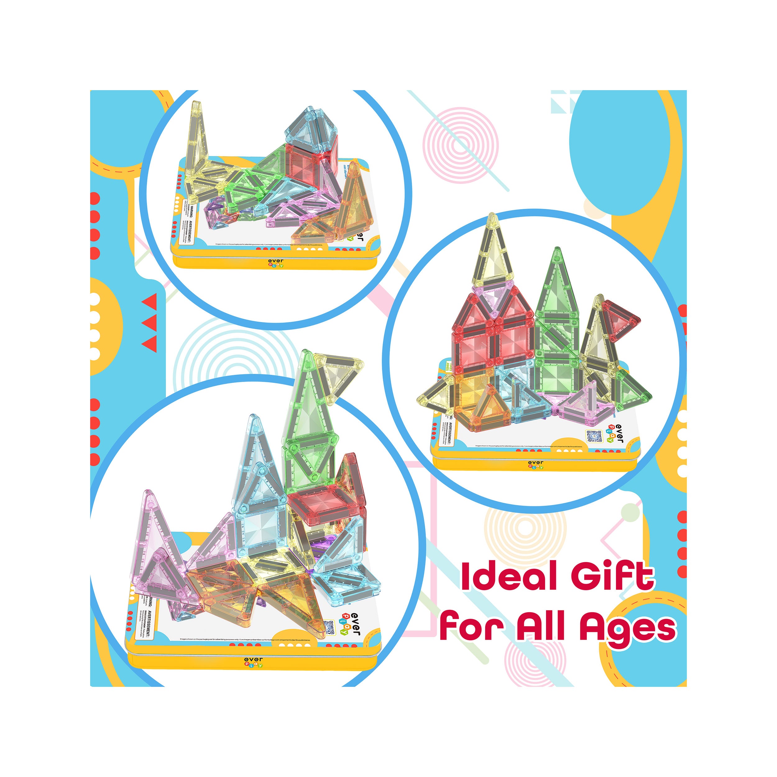 Three structures built from colorful translucent magnetic building tiles, with the text "Ideal Gift For All Ages."