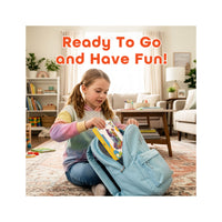 A young girl packs a EverPlay box into a blue backpack. Text overlay: "Ready To Go and Have Fun!"