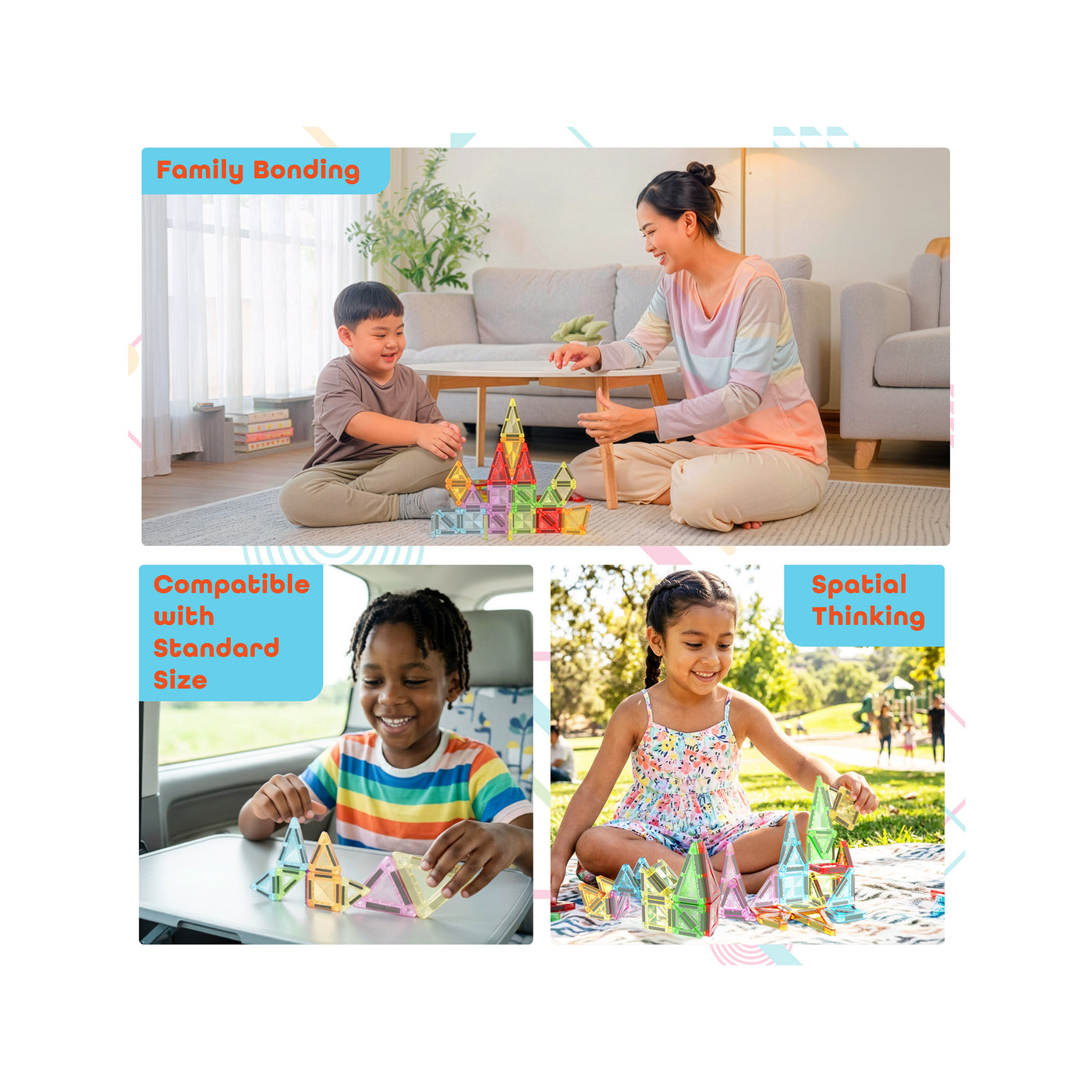 Collage showing children playing with EverPlay. Text highlights family bonding, compatibility, and spatial thinking.
