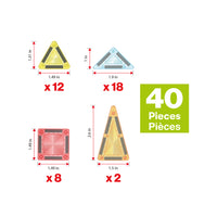 Product breakdown showing 40 total pieces of shapes with quantities and measurements for a building toy set.
