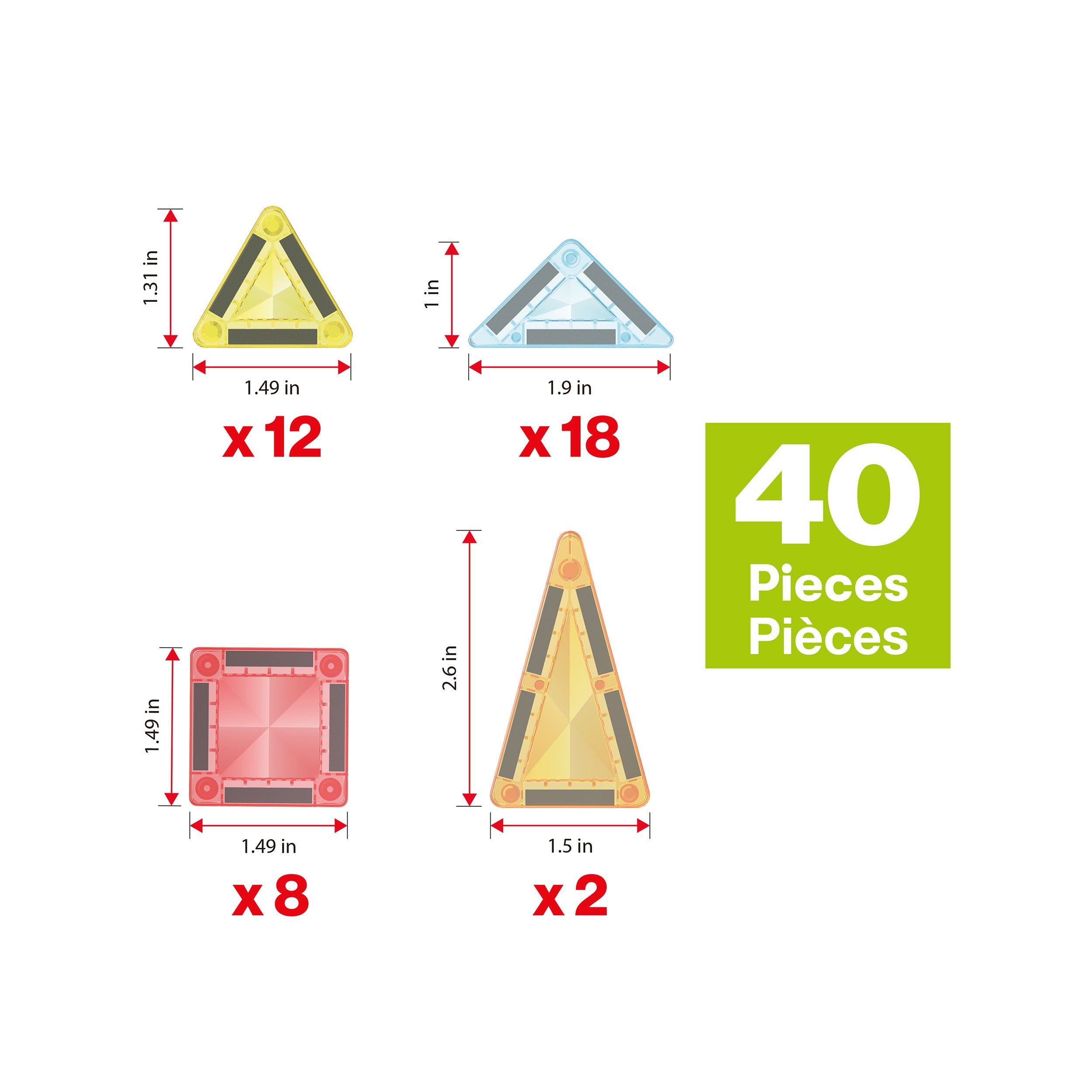 Product breakdown showing 40 total pieces of shapes with quantities and measurements for a building toy set.