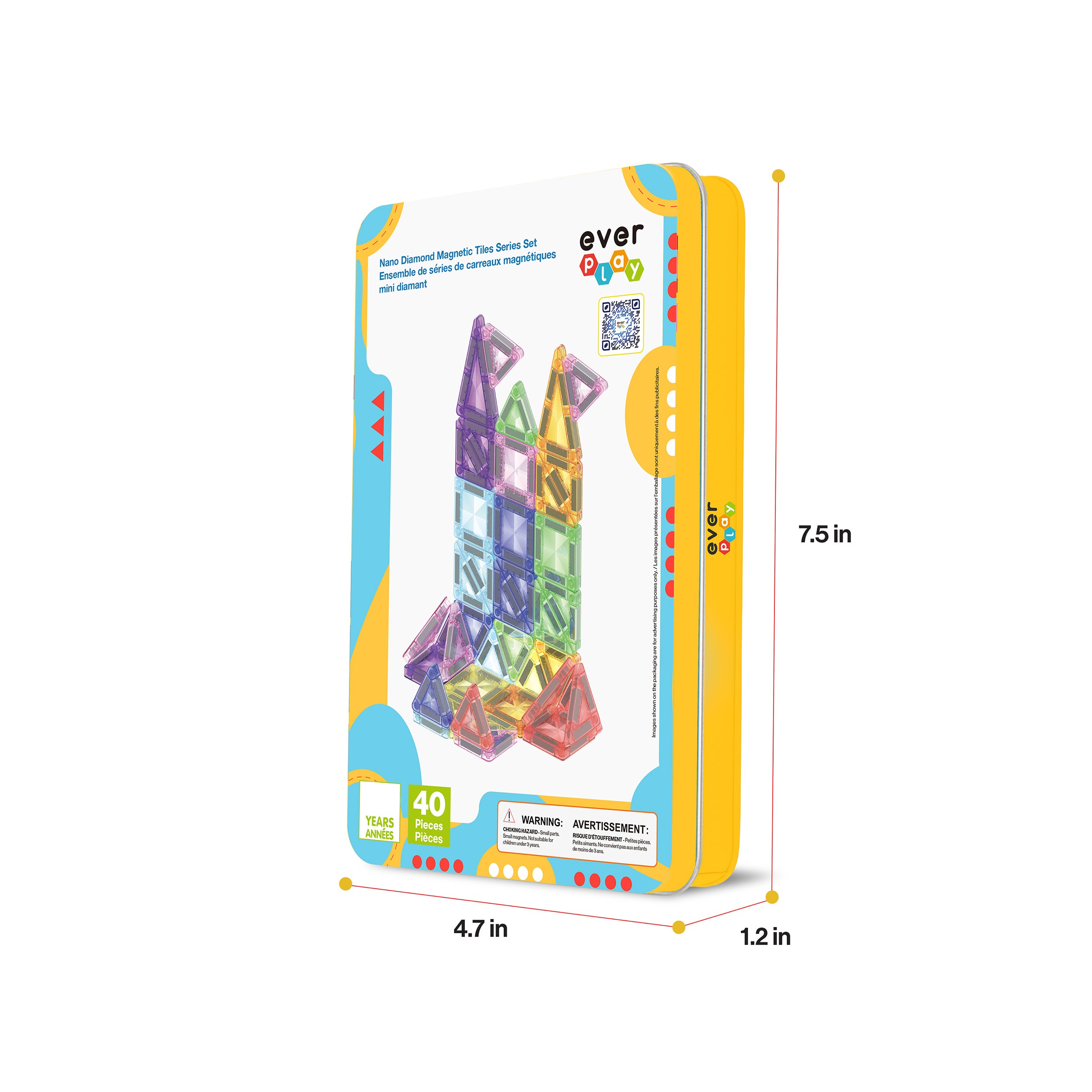Product packaging for a 40-piece magnetic tile set by EverPlay, measuring 7.5 by 4.7 by 1.2 inches.