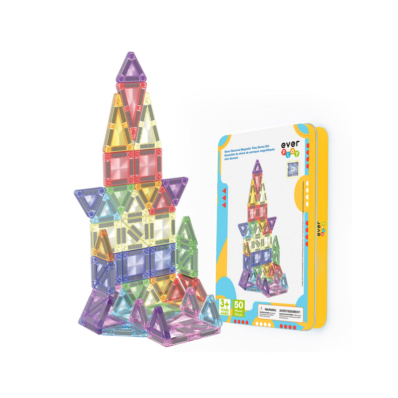 Infographic displaying a tall built magnetic tile castle tower next to its yellow and blue product packaging box.