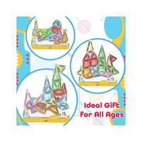 Colorful magnetic building tile sets forming three castle designs with the text "Ideal Gift For All Ages."