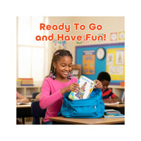 Smiling child packs a magnetic building tile set into a backpack in a classroom with "Ready To Go and Have Fun!
