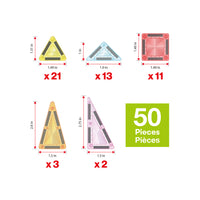 50-piece magnetic tile set contents with 21 yellow, 13 blue, 11 red, 3 orange, and 2 pink triangle and square tiles.
