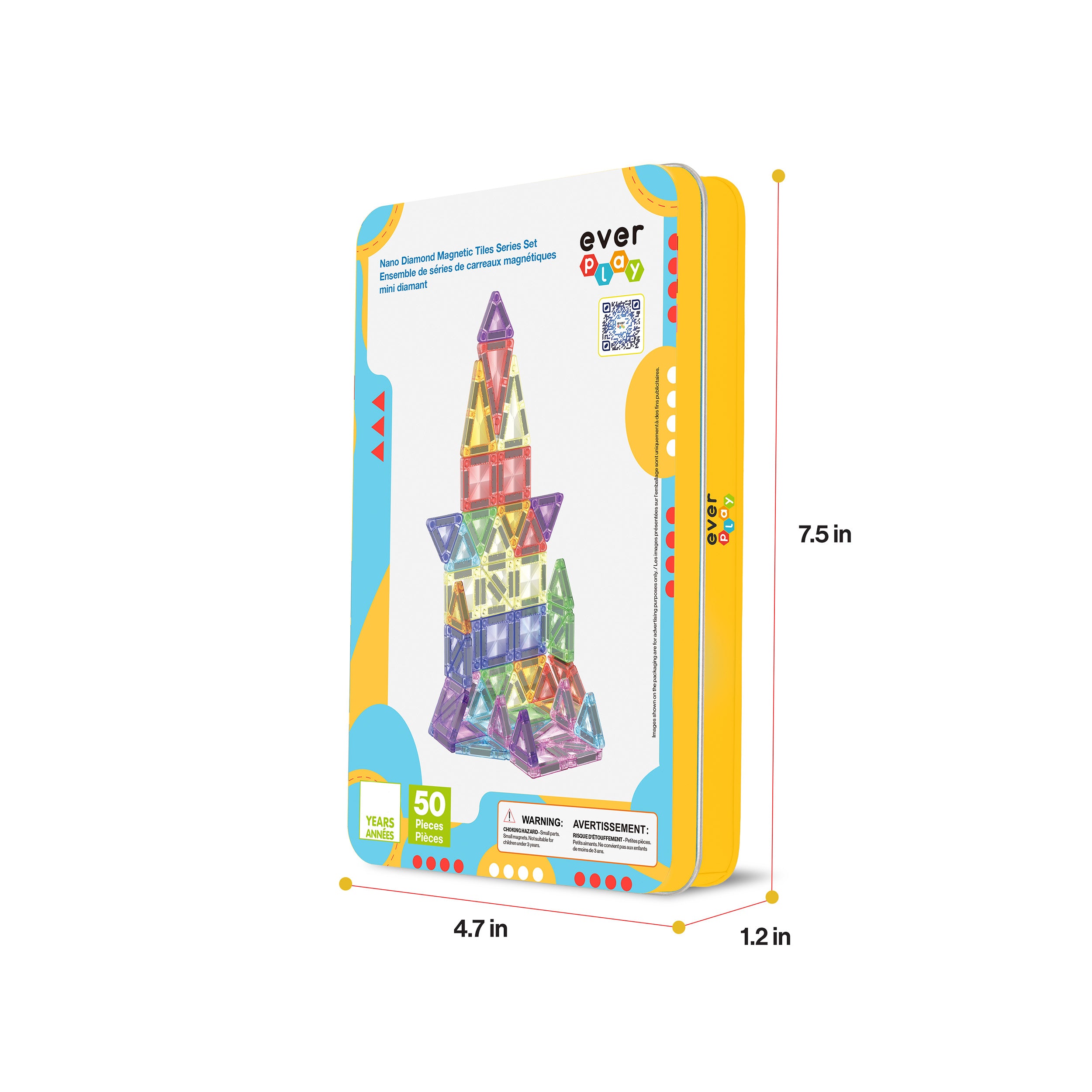 EverPlay 50-piece magnetic tile set packaging with colorful castle artwork; package measures 7.5 x 4.7 x 1.2 inches.