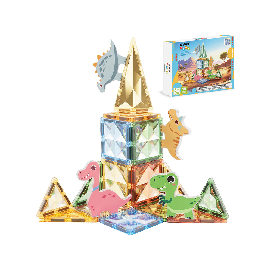 EverPlay magnetic dinosaur tile playset with diamond-faceted pieces, dinosaur figures, and box packaging.