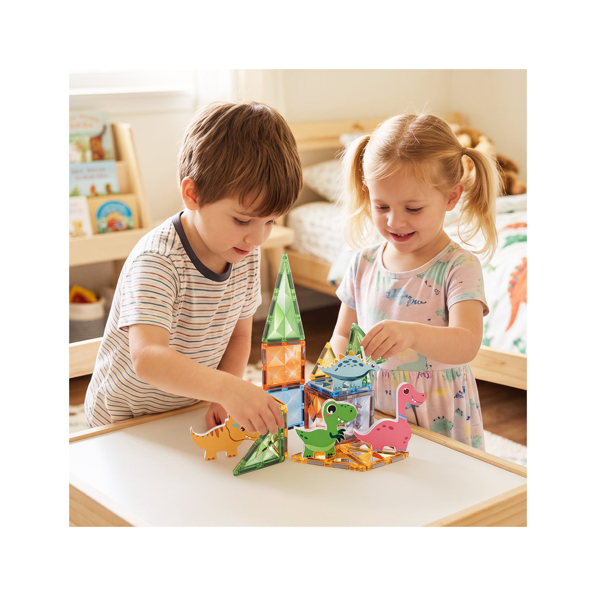 Two kids playing together with dinosaur magnetic tile creations and figures at a table.