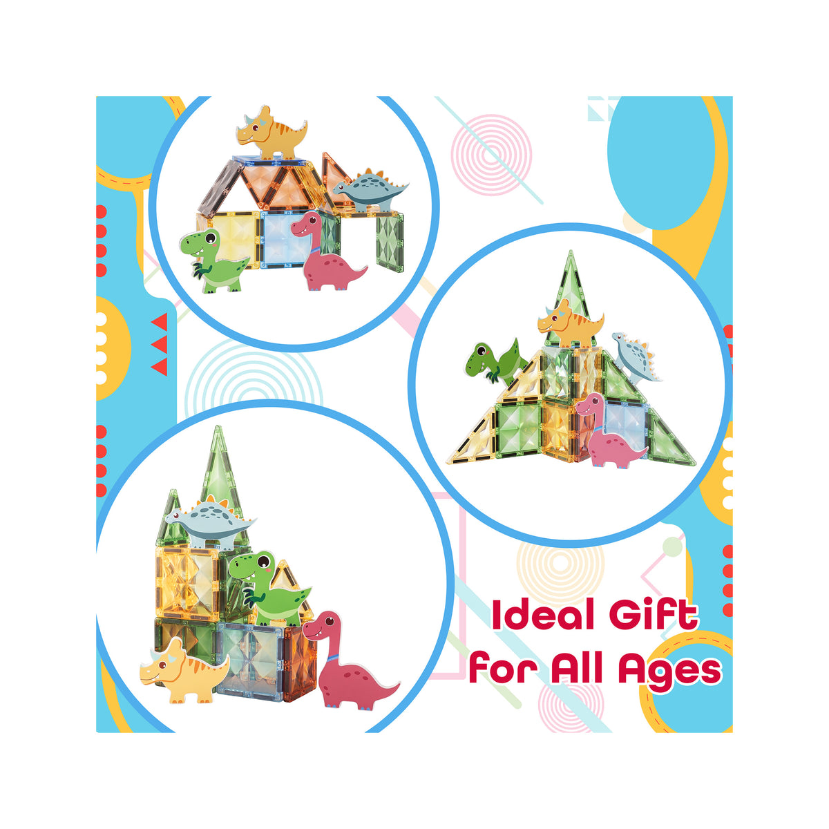 Dinosaur magnetic tile builds in circular frames beside "Ideal Gift For All Ages" text.