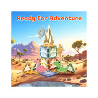 Dinosaur magnetic tile tower in a desert landscape under "Ready For Adventure" text.