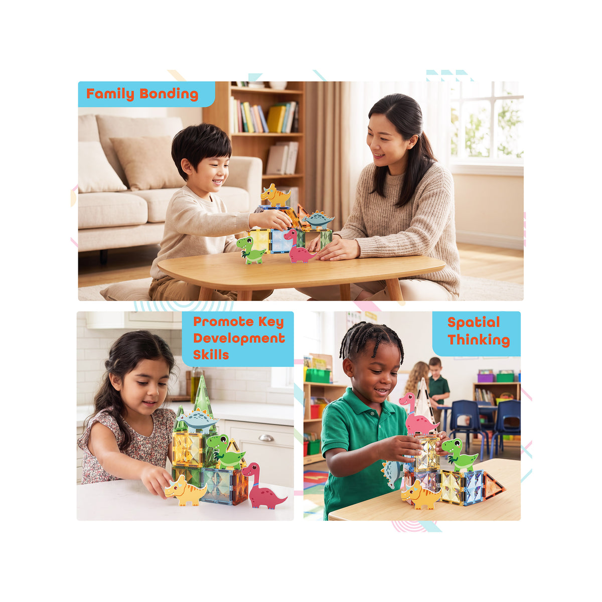 Kids playing with dinosaur magnetic tiles across panels showing family bonding, skill development, and spatial thinking.