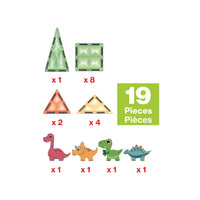 Diagram showing a 19-piece breakdown and quantity chart for dinosaur magnetic tiles and figures.