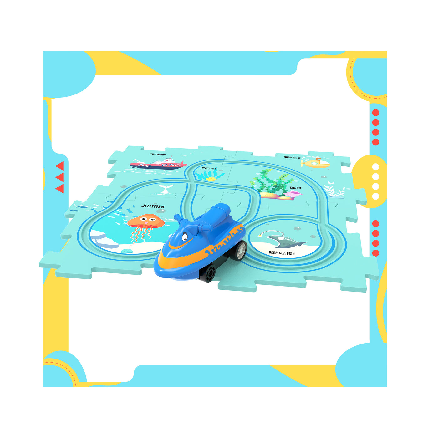 Blue ocean-themed puzzle track toy set with a blue vehicle, sea creature illustrations, and a colorful decorative border.