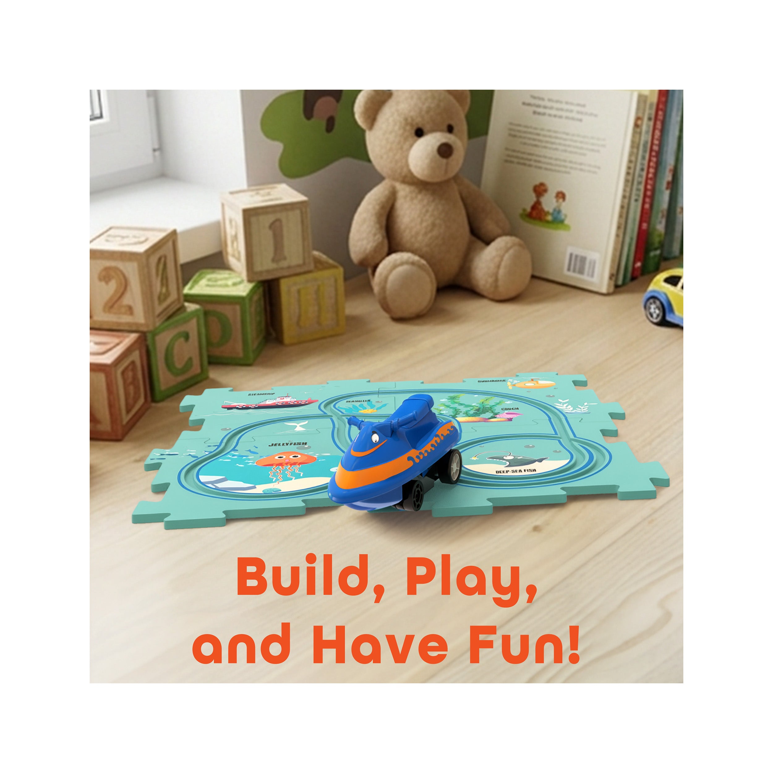 Blue ocean puzzle track set on a wooden surface with teddy bear, wooden blocks, and text reading "Build, Play, and Have Fun!".