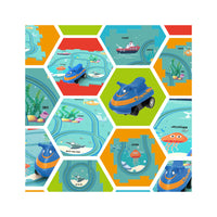 Hexagonal graphic grid displaying a blue watercraft toy, ocean puzzle track pieces, and aquatic life illustrations.