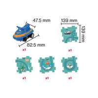 Product breakdown displaying dimensions for blue vehicle (47.5x82.5 mm) and four ocean puzzle track pieces (139x139 mm each).
