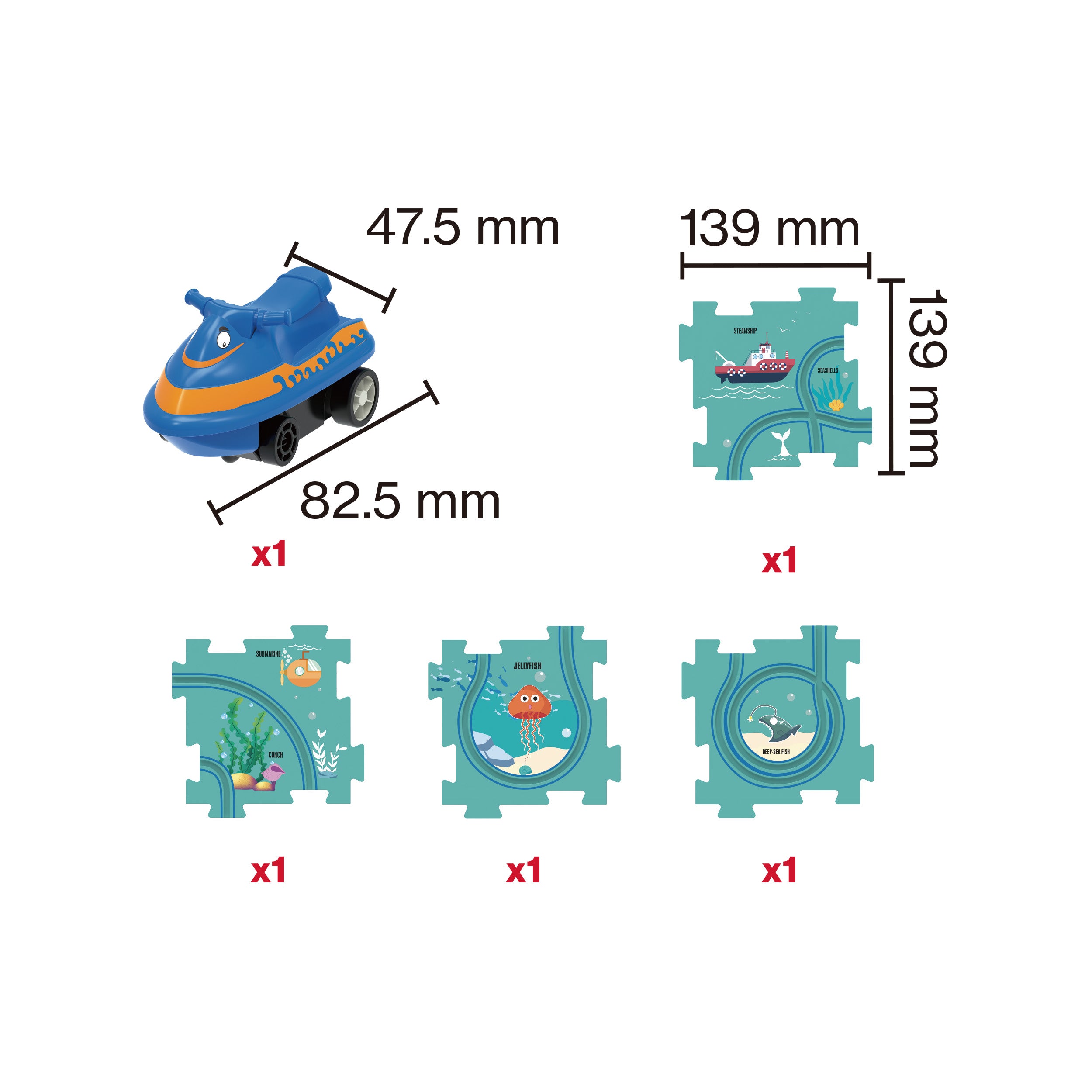 Product breakdown displaying dimensions for blue vehicle (47.5x82.5 mm) and four ocean puzzle track pieces (139x139 mm each).