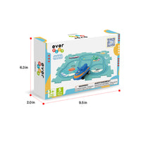 EverPlay ocean puzzle track set box showing dimensions: 6.3 in height, 9.5 in length, and 2.0 in width.