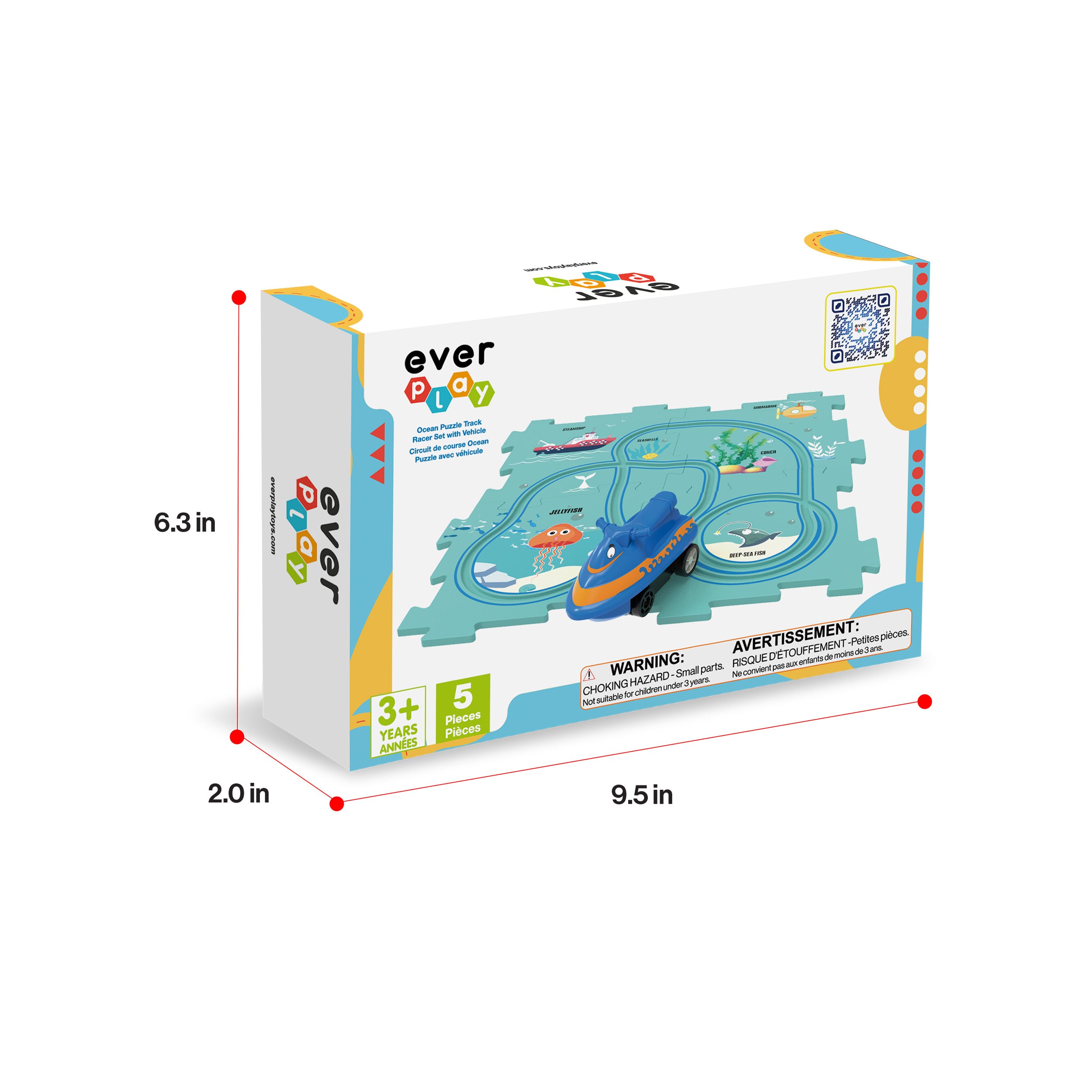 EverPlay ocean puzzle track set box showing dimensions: 6.3 in height, 9.5 in length, and 2.0 in width.