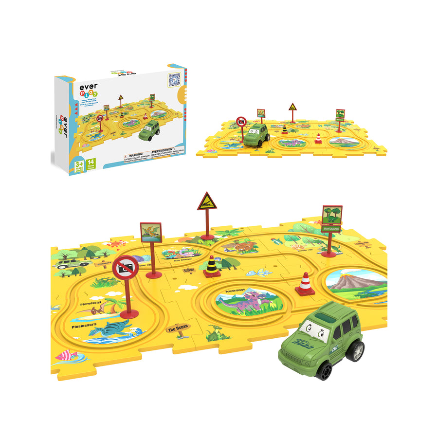 Dinosaur track play set featuring a yellow puzzle track mat, green toy car, miniature traffic signs, and packaging box.