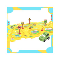 Yellow dinosaur puzzle track set with a green toy car, miniature road signs, and colorful border graphics.