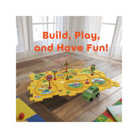Yellow dinosaur puzzle track set on a wooden floor with green toy car and orange text reading "Build, Play, and Have Fun!".
